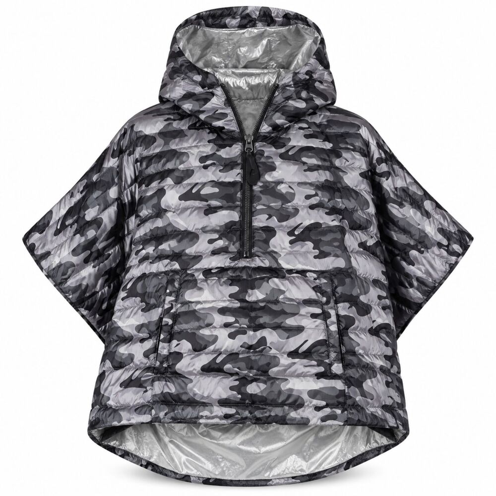 Think Royln Gray Camo Down Puffer Half Zip Cropped Poncho